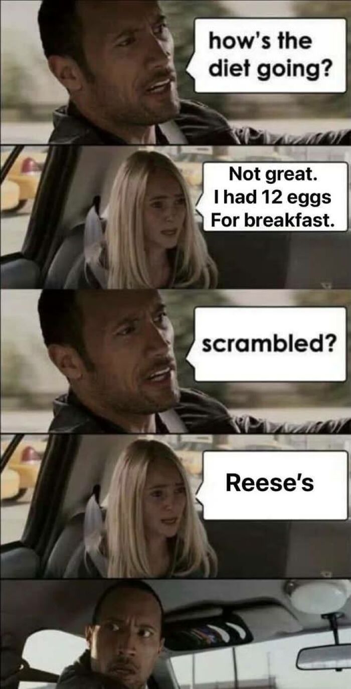 Man and woman in car sharing a funny dad joke about diet and scrambled eggs in a humorous conversation scene.