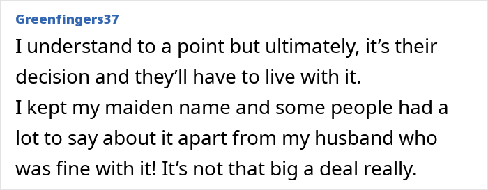 Comment discussing hyphenated last name decision after marriage, highlighting acceptance and personal choice opinions. Comment discussing hyphenated last name decision after marriage, highlighting acceptance and personal choice opinions.