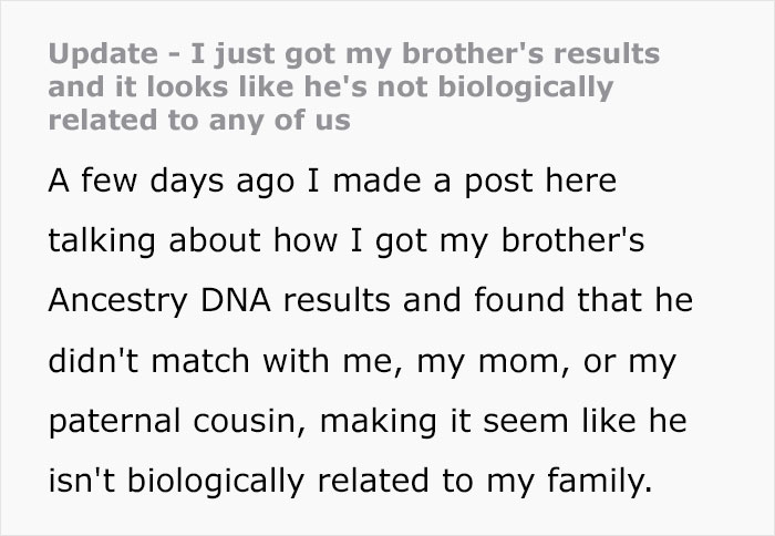 Text discussing shocking DNA results revealing non-biological family connections. Text discussing shocking DNA results revealing non-biological family connections.