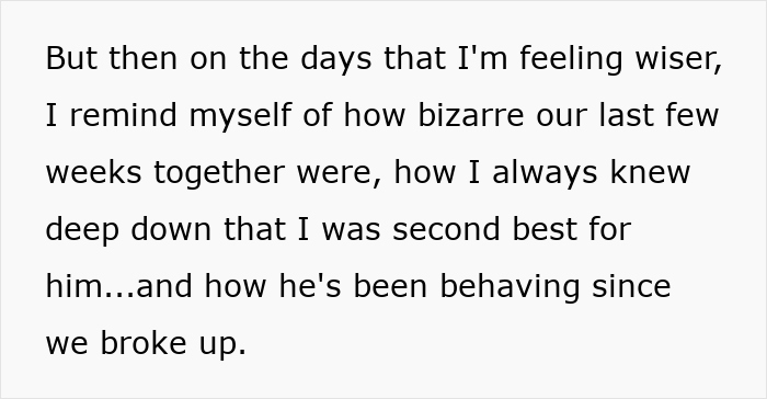 Text reflecting upset ex-girlfriend's thoughts on a past relationship and breakup before a marriage. Text reflecting upset ex-girlfriend's thoughts on a past relationship and breakup before a marriage.