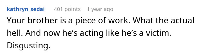 Comment highlighting a family dispute over a brother's prank. Comment highlighting a family dispute over a brother's prank.