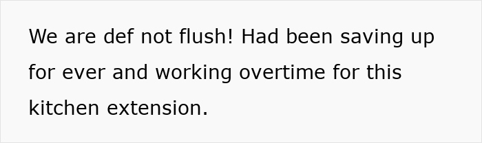 Text image with a quote about saving money and working overtime for a kitchen extension. Text image with a quote about saving money and working overtime for a kitchen extension.