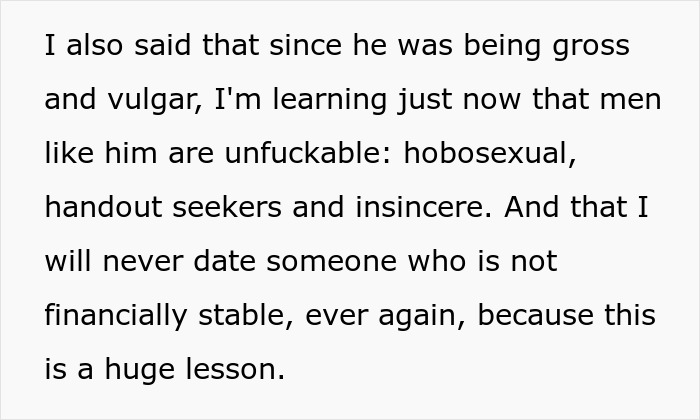 Text highlights woman's decision after learning boyfriend's financial motives, calling him insincere and a handout seeker. Text highlights woman's decision after learning boyfriend's financial motives, calling him insincere and a handout seeker.