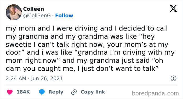 Text tweet about a funny call with grandma, shared by Conxfession IG Page.