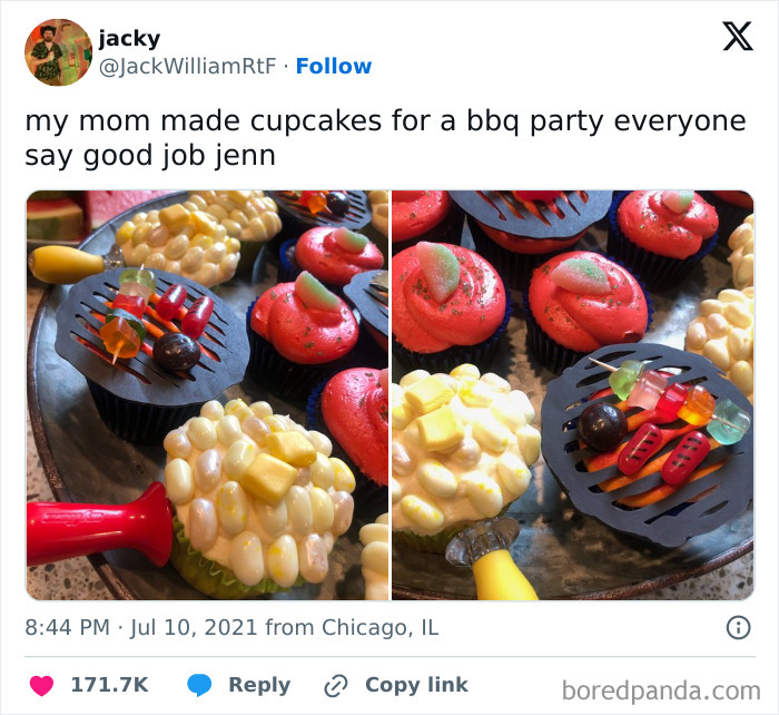 Colorful cupcakes designed like BBQ items shared on the Conxfession IG page.