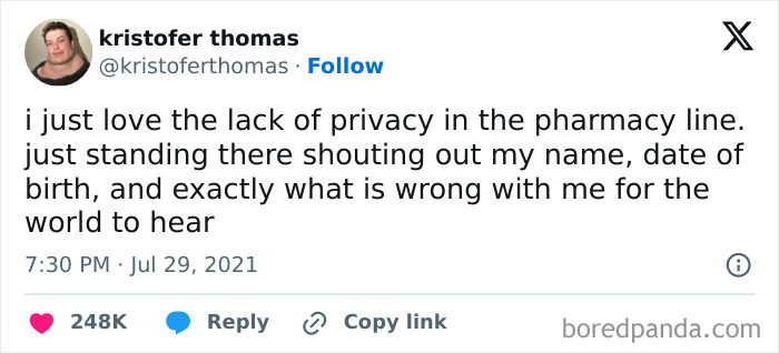 Funny meme about privacy concerns in pharmacy lines, humorously highlighting oversharing personal details.