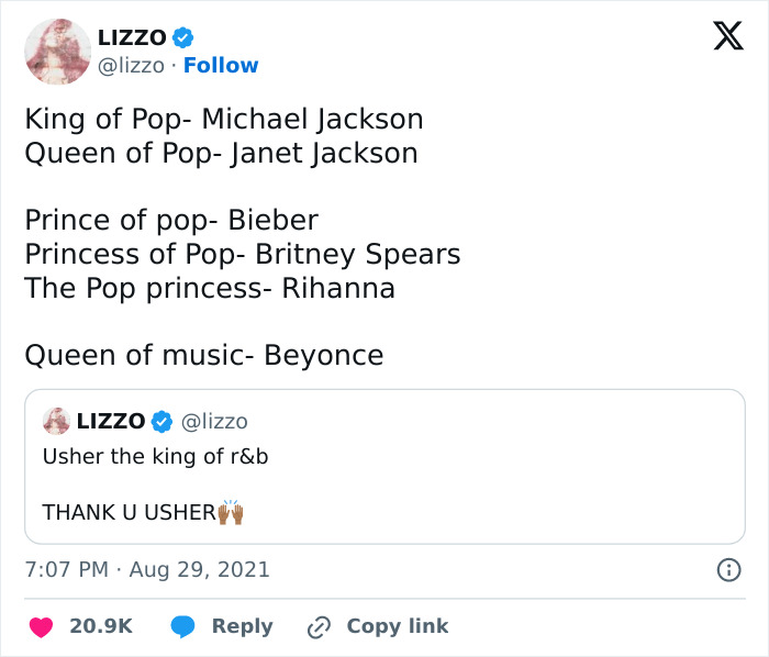 Lizzo's tweet listing pop royalty includes Britney Spears, sparking reaction. Lizzo's tweet listing pop royalty includes Britney Spears, sparking reaction.