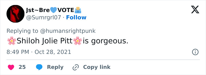 Tweet praising Shiloh, Angelina Jolie's daughter, for her gorgeous appearance. Tweet praising Shiloh, Angelina Jolie's daughter, for her gorgeous appearance.