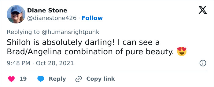 Tweet by user praising Shiloh after name change, noting a resemblance to Brad and Angelina. Tweet by user praising Shiloh after name change, noting a resemblance to Brad and Angelina.