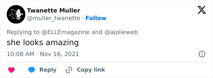 Screenshot of a tweet about Angelina Jolie's daughter Shiloh's new look, stating "she looks amazing. Screenshot of a tweet about Angelina Jolie's daughter Shiloh's new look, stating "she looks amazing.