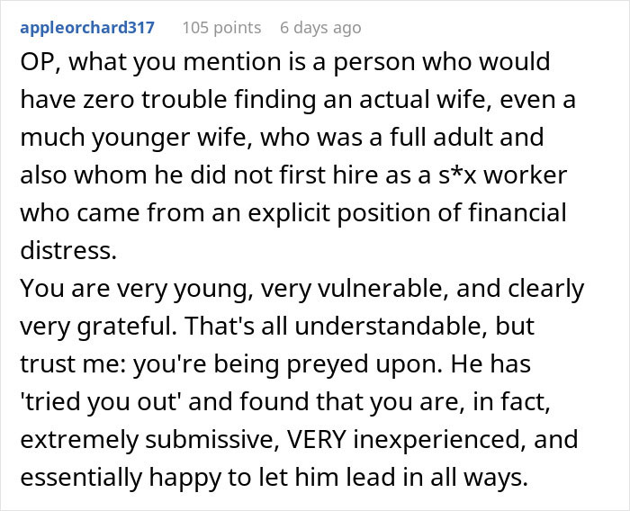 Screenshot of a comment discussing the dynamics in a relationship involving a sugar daddy and a vulnerable partner. Screenshot of a comment discussing the dynamics in a relationship involving a sugar daddy and a vulnerable partner.