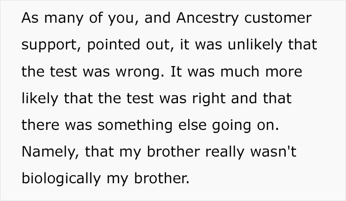 Text highlights shock at family DNA results, questioning biological relationships. Text highlights shock at family DNA results, questioning biological relationships.