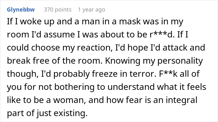User comment expressing fear and frustration about a man’s prank in a mask, highlighting women's safety concerns. User comment expressing fear and frustration about a man’s prank in a mask, highlighting women's safety concerns.