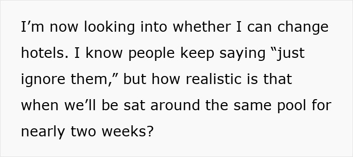 Text about an insecure mom considering changing hotels during a family vacation. Text about an insecure mom considering changing hotels during a family vacation.