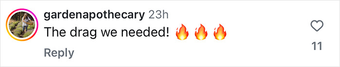 Instagram comment saying "The drag we needed!" with fire emojis, referencing Martha Stewart trolling Blue Origin astronauts. Instagram comment saying "The drag we needed!" with fire emojis, referencing Martha Stewart trolling Blue Origin astronauts.