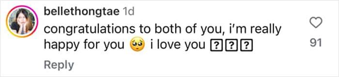 Instagram comment congratulating "lovebirds" with heart and crying emojis, expressing happiness and love. Instagram comment congratulating "lovebirds" with heart and crying emojis, expressing happiness and love.