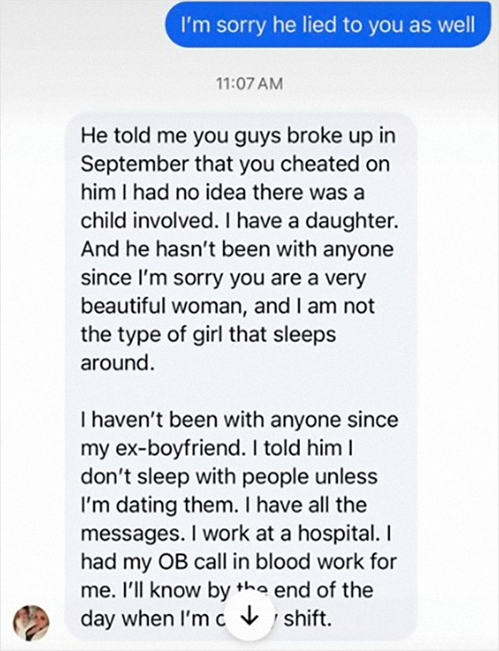 Text message reveals boyfriend's cheating and pregnancy results. Text message reveals boyfriend's cheating and pregnancy results.
