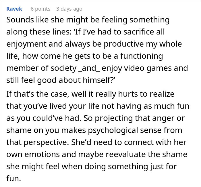 Text discussing relationship dynamics and perspectives on video games. Text discussing relationship dynamics and perspectives on video games.