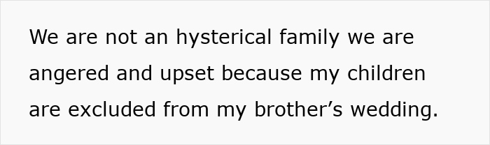 Text expressing family's anger over children's exclusion from brother's wedding. Text expressing family's anger over children's exclusion from brother's wedding.