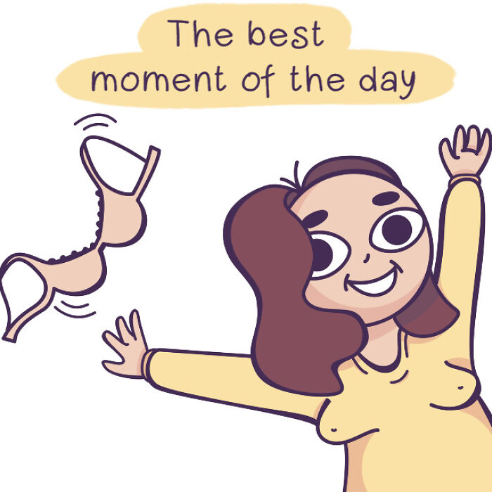 Comic by Bored Panda artist shows a smiling woman tossing her bra, captioned "The best moment of the day."