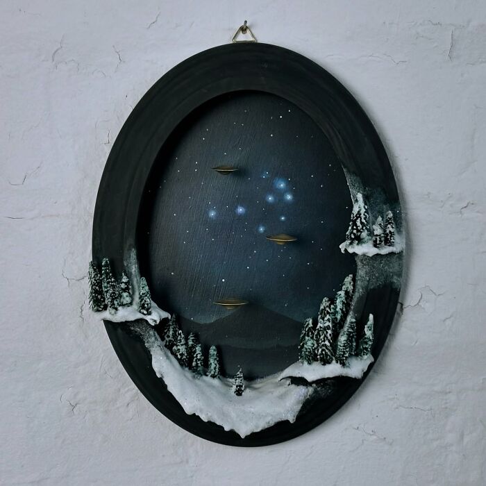 Alien-themed diorama: snowy landscape with UFOs in starry night sky, perfect for mystery aficionados.