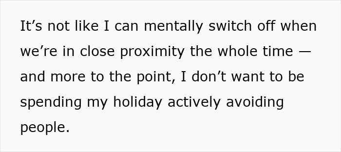 Text expressing frustration about avoiding people during a family vacation. Text expressing frustration about avoiding people during a family vacation.