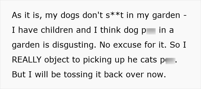 Text image revealing a conflict about dogs and cats using a yard as a toilet. Text image revealing a conflict about dogs and cats using a yard as a toilet.