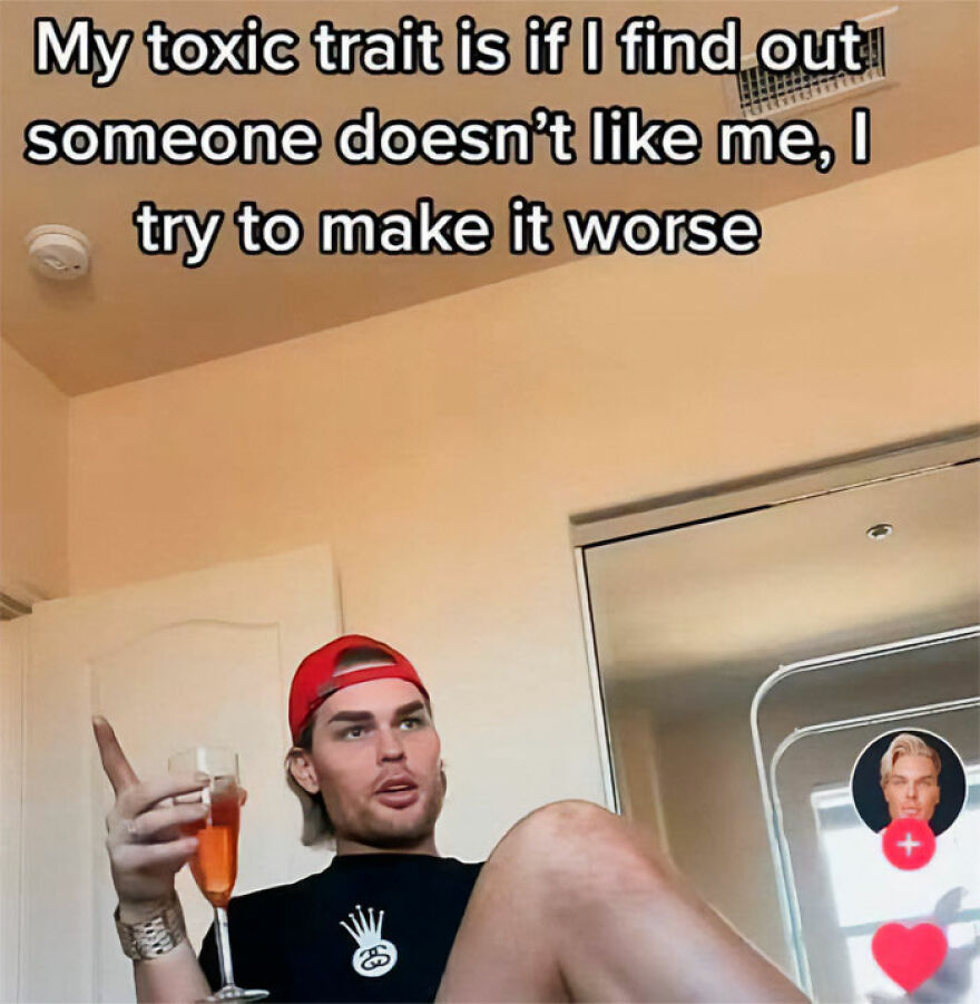 Person lounging with a drink, text about toxic trait, humorous Girl Posts meme vibe.