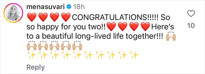 Screenshot of congratulations message and emojis for lovebirds Kristen Stewart and Dylan Meyer on Instagram. Screenshot of congratulations message and emojis for lovebirds Kristen Stewart and Dylan Meyer on Instagram.