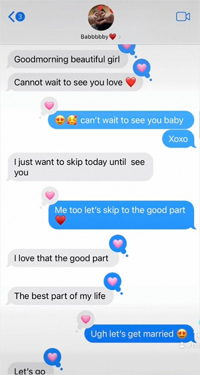 Text conversation about skipping to the good part and getting married, highlighted with heart emojis. Text conversation about skipping to the good part and getting married, highlighted with heart emojis.