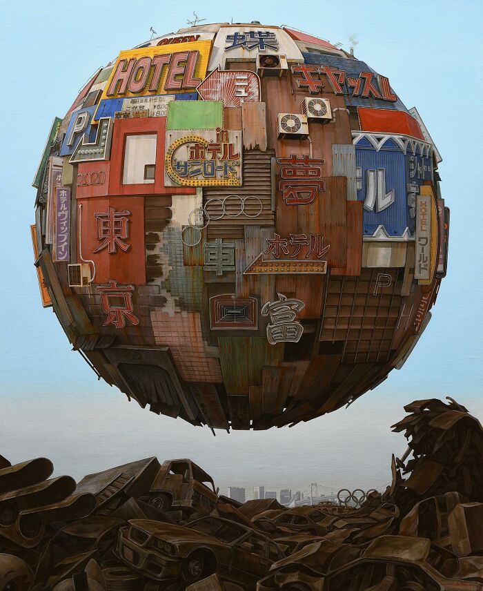 Surreal floating sphere made of rusted urban signs and buildings representing a post-apocalyptic cityscape.