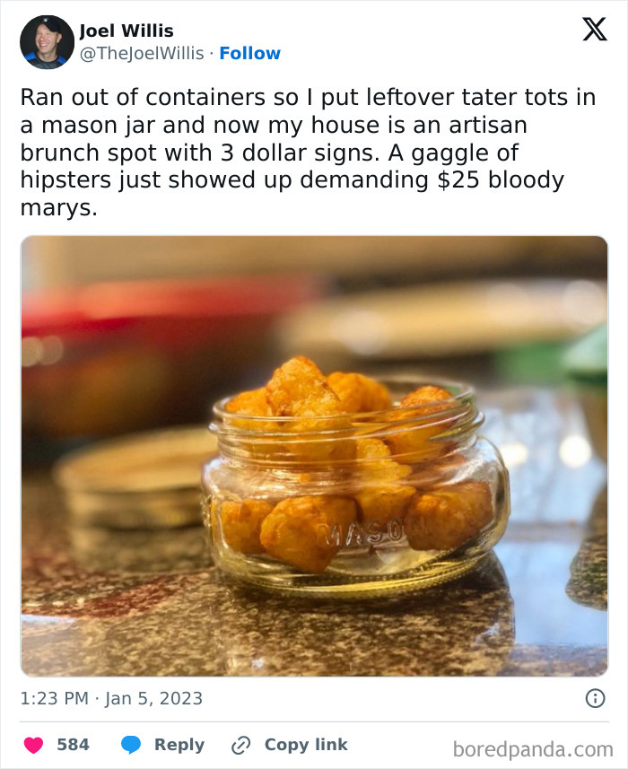 Mason jar with tater tots on a countertop, referencing hipster brunch culture, humor targeting the avocado generation.