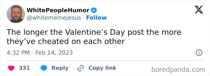 Tweet about Valentine's Day humor, suggesting long posts imply cheating.
