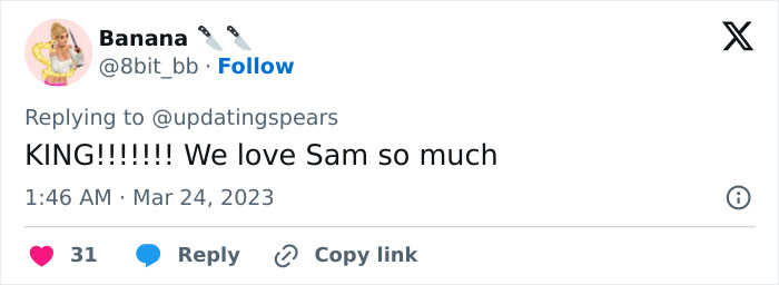 Tweet screenshot supporting Sam Asghari, showing enthusiasm and admiration for him. Tweet screenshot supporting Sam Asghari, showing enthusiasm and admiration for him.