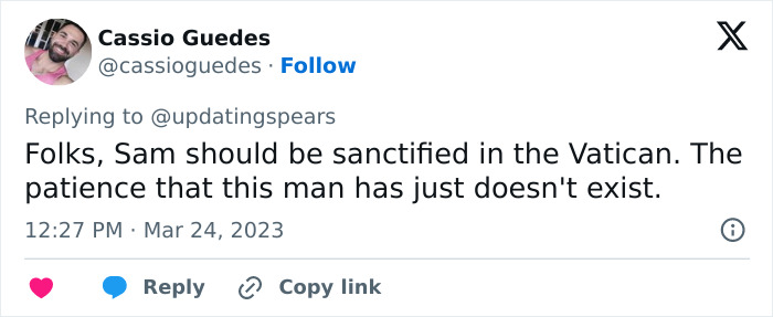 Tweet about Sam Asghari's patience, suggesting Vatican sainthood, with user response displayed. Tweet about Sam Asghari's patience, suggesting Vatican sainthood, with user response displayed.