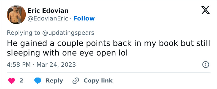 Tweet response to Britney Spears in red dress on motorcycle after ex's marriage remark. Tweet response to Britney Spears in red dress on motorcycle after ex's marriage remark.