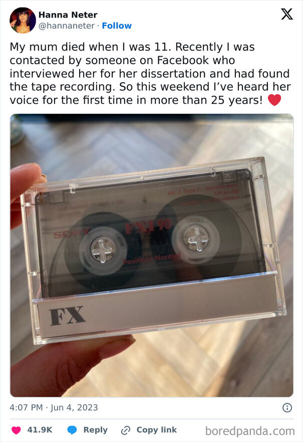 Person holds a cassette tape with text sharing an emotional story about hearing a mother's voice after 25 years.