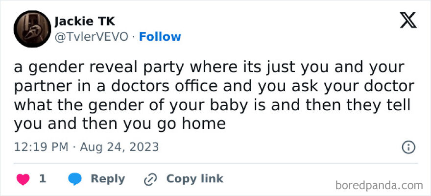 Meme about the simplicity of a gender reveal in a doctor's office, highlighting parenthood's humor.