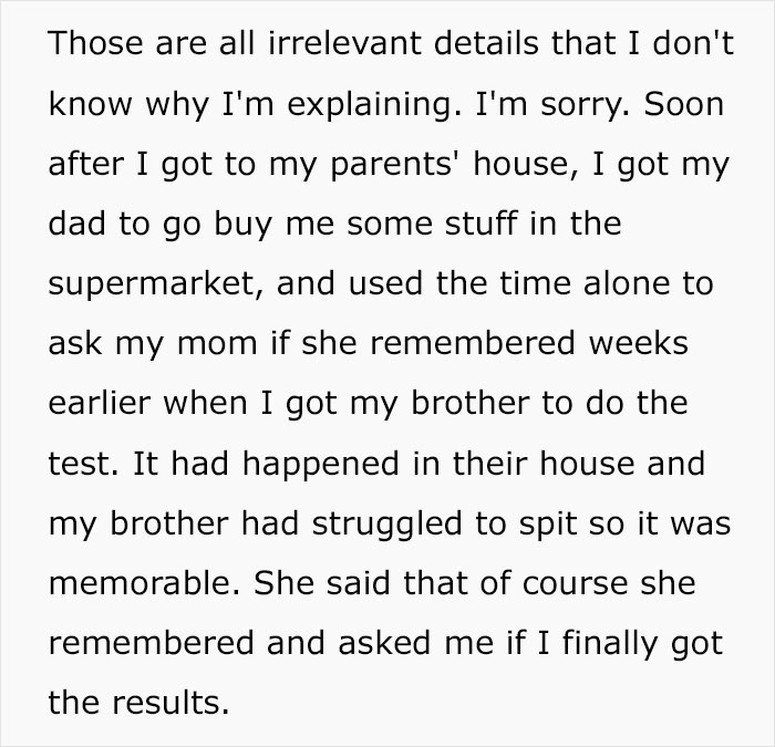 Text screenshot discusses a woman reflecting on her family's DNA test experience. Text screenshot discusses a woman reflecting on her family's DNA test experience.