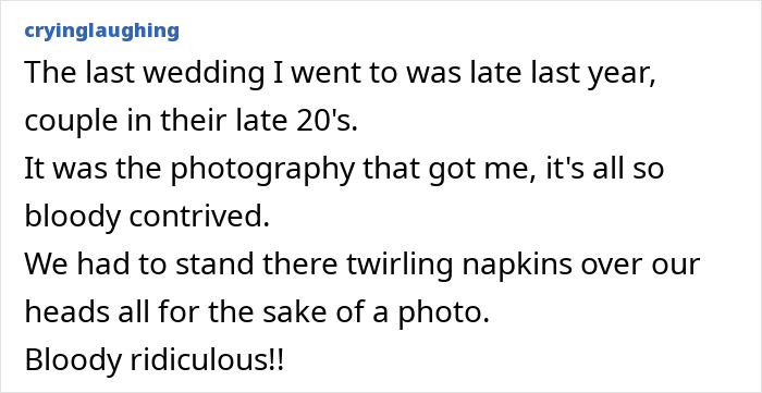 Social media post discussing whether new generations have ruined the joy of weddings with staged photography moments. Social media post discussing whether new generations have ruined the joy of weddings with staged photography moments.