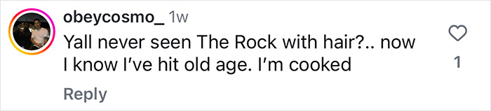 Comment about Dwayne Johnson's new look for movie, humorously reacting to seeing him with hair. Comment about Dwayne Johnson's new look for movie, humorously reacting to seeing him with hair.