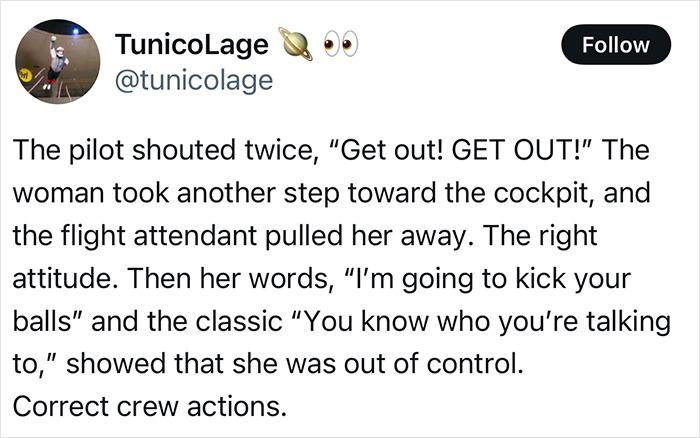 Alt text: Twitter post describing crew tackling a disruptive passenger trying to storm the cockpit during a flight delay. Alt text: Twitter post describing crew tackling a disruptive passenger trying to storm the cockpit during a flight delay.