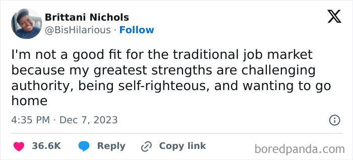 Funny meme about job market strengths: challenging authority and self-righteousness.