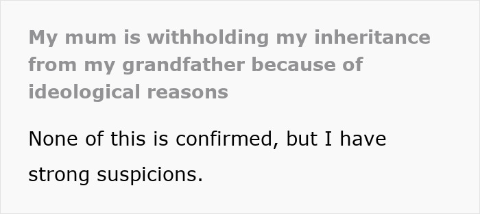 Text conversation about inheritance and moral reasons, with mum refusing on ethical grounds. Text conversation about inheritance and moral reasons, with mum refusing on ethical grounds.