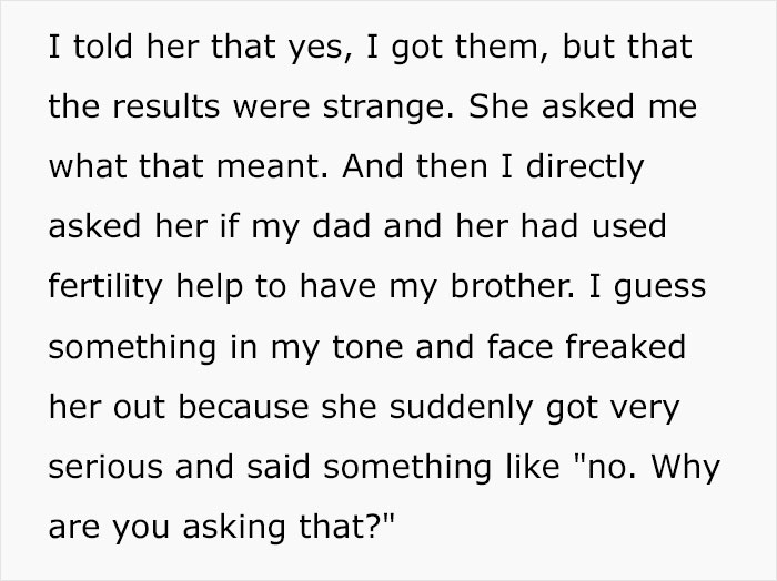 Text message about shocking DNA results, questioning parental fertility assistance, causing a serious response. Text message about shocking DNA results, questioning parental fertility assistance, causing a serious response.