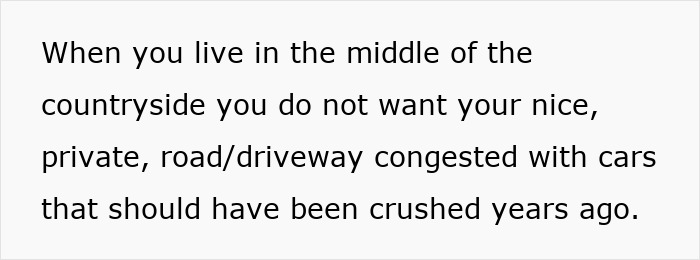 Text discussing rural living challenges, mentioning unwanted cars on driveways. Text discussing rural living challenges, mentioning unwanted cars on driveways.