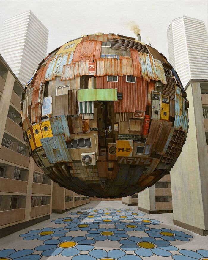 Surreal floating sphere made of rusted metal and building parts represents post-apocalyptic urban cities between tall skyscrapers.