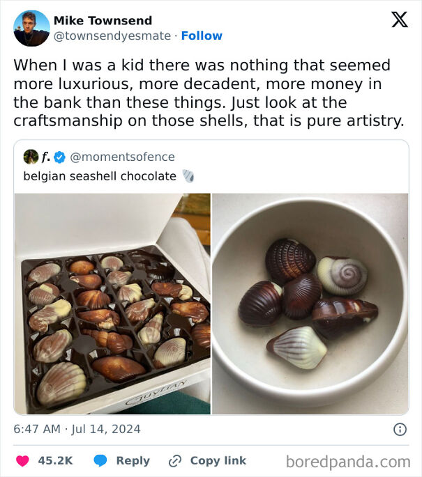 Scottish humor post showing luxurious Belgian seashell chocolates in a box and a bowl.