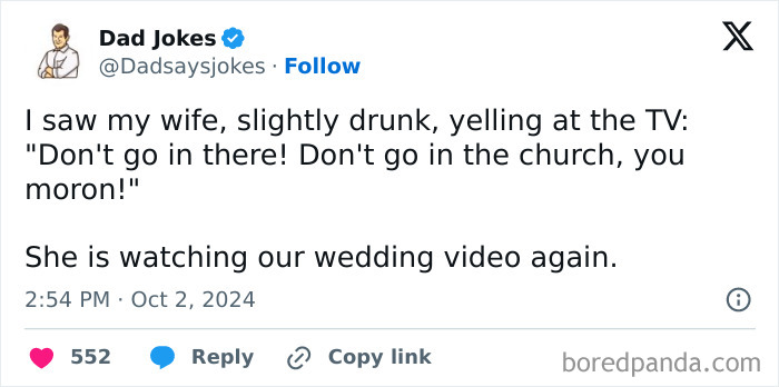 Dad jokes post with a humorous story of a wife yelling at the TV, mistaking their wedding video for a movie.