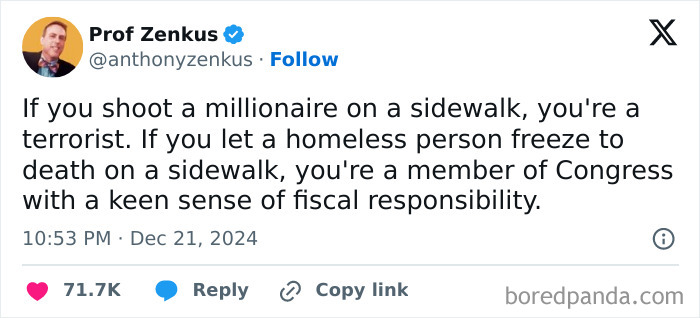 Tweet from Prof Zenkus about inequality and fiscal responsibility, sparking debate on White People Twitter.